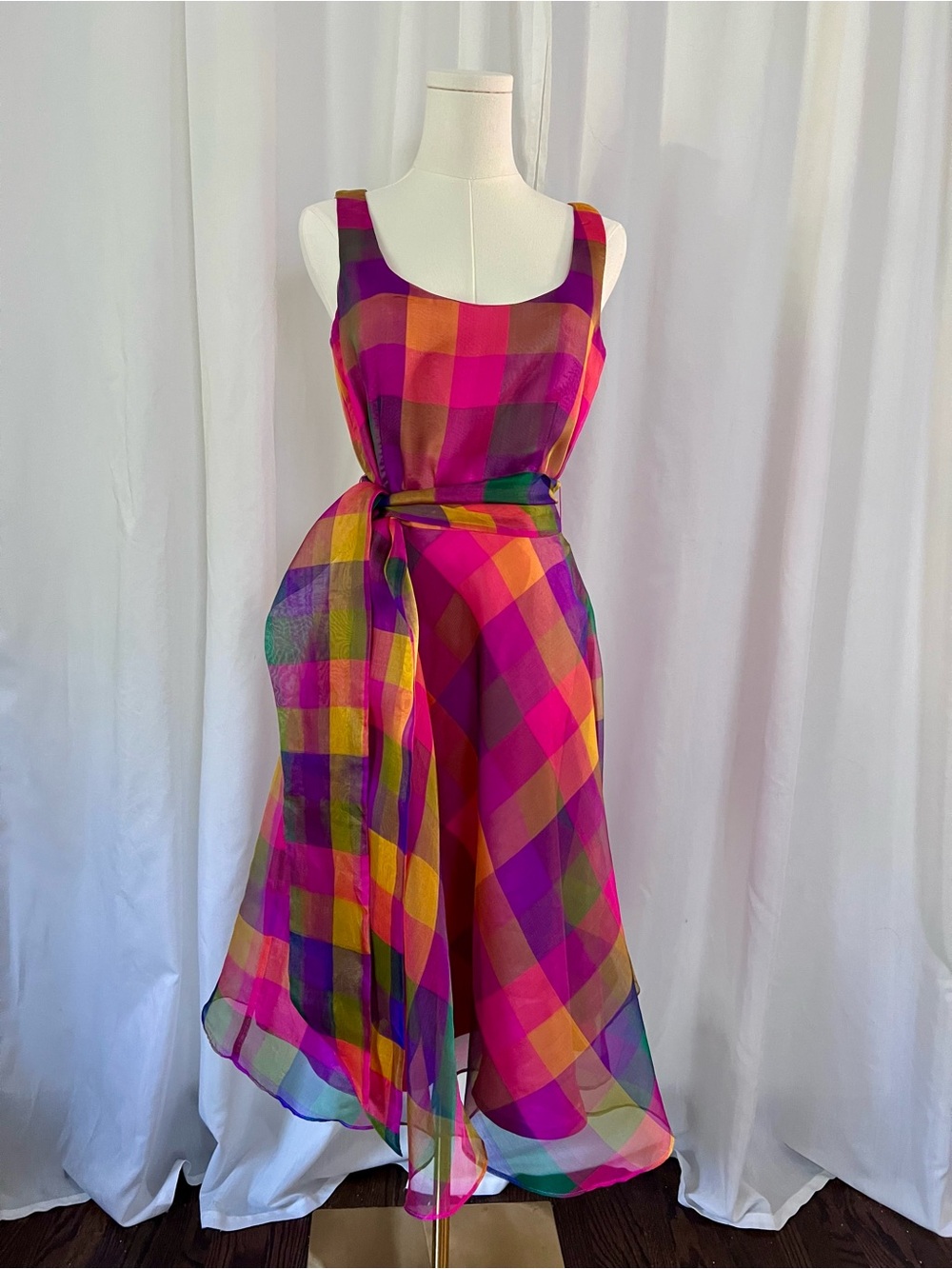 Sarah Campbell Sleeveless Colorblock Plaid A-Line Dress in Fuchsia & Multi